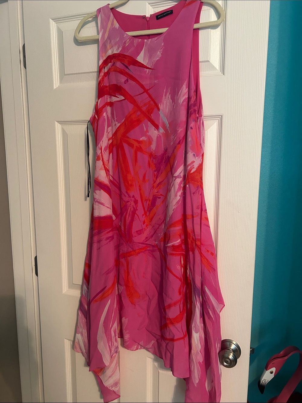 100% SILK Natori Pink and Red Asymmetrical Sleeveless Dress